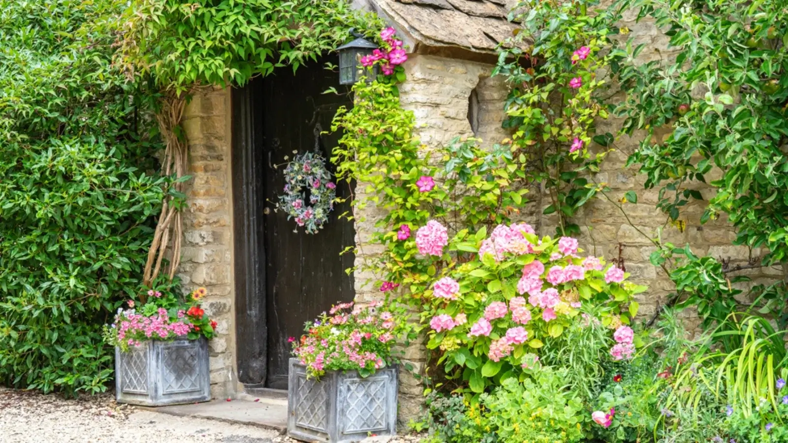 Lush cottage garden with overflowing flower beds